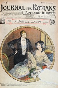 Margarita con su ramo de camelias blancas en el palco del teatro, ilustración para 